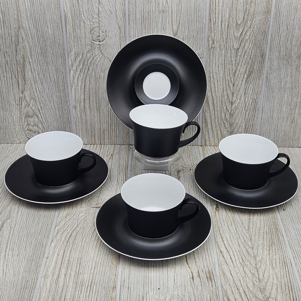 Block Bidasoa Espana Noche Matte Black White Flat Cup and Saucer Set of 4 Spain